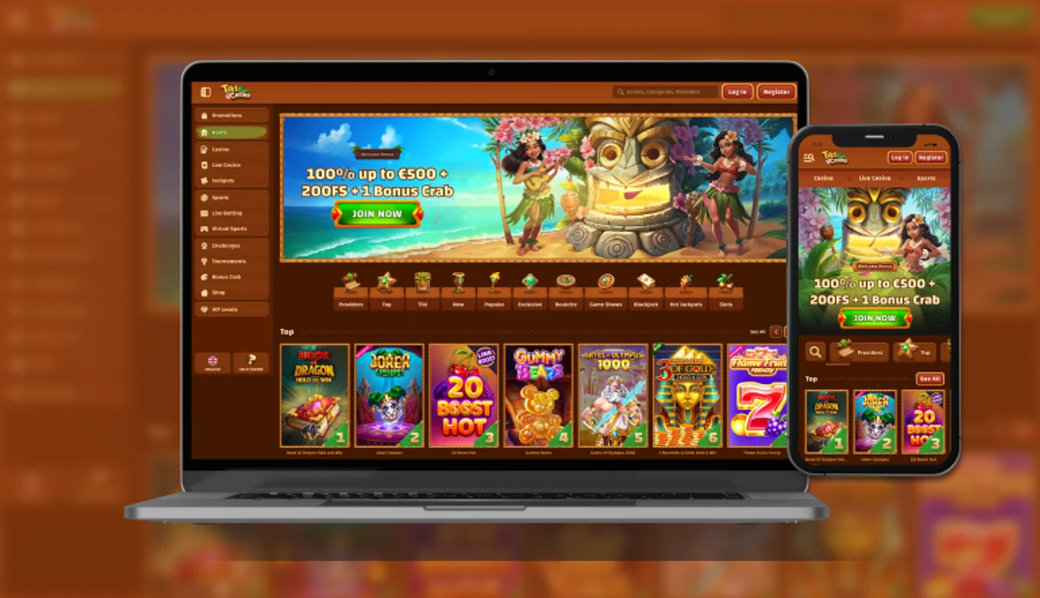 Lobby de Tiki Casino con un masivo catálogo de 6.000 juegos.